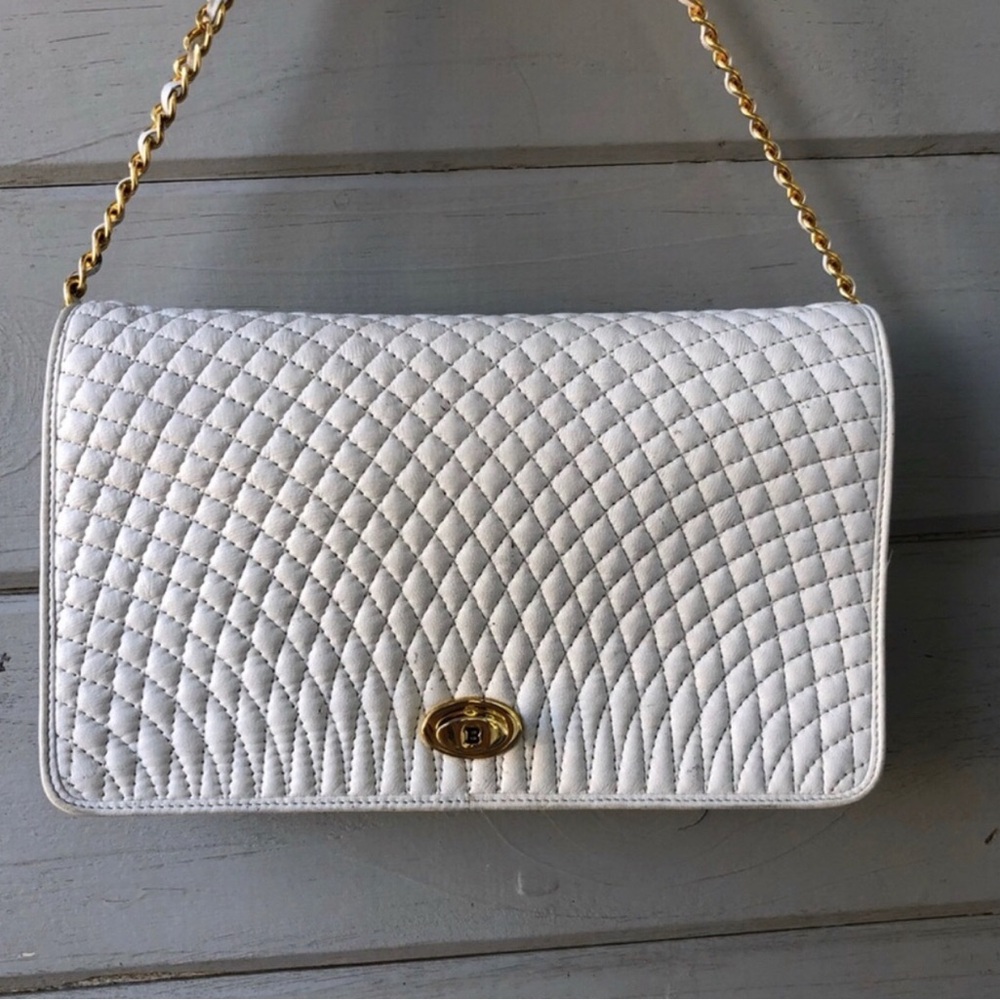 Bally Vintage White Lamb Skin Gold Chain Small  Crossbody.